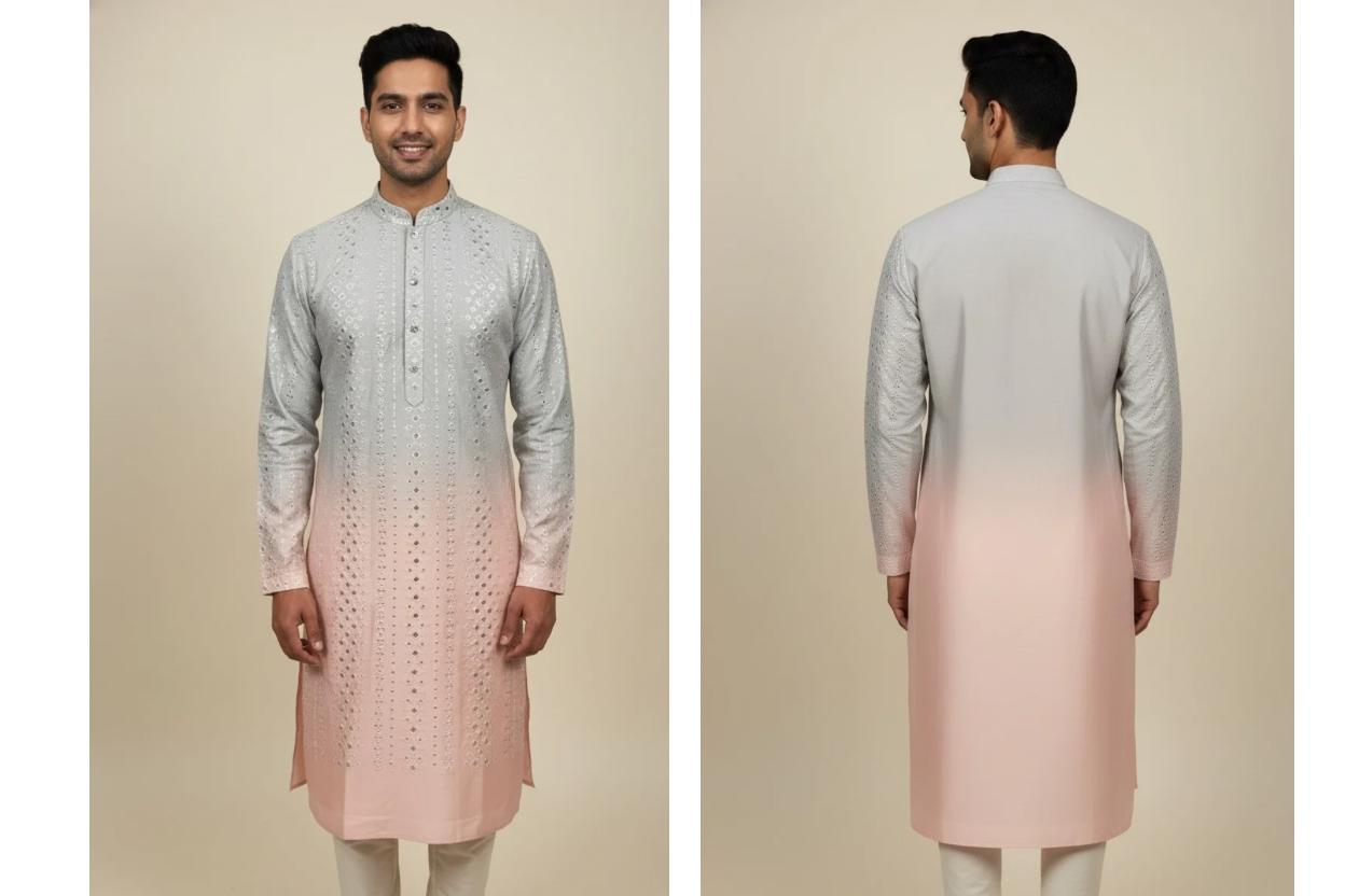 Gorgeous wedding special kurta piece. Pink-to-mint gradient material with diamond-pattern texture.