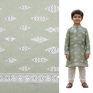 pista green Roman silk kurta fabric with white mirror work and embroidery — premium soft festive material.