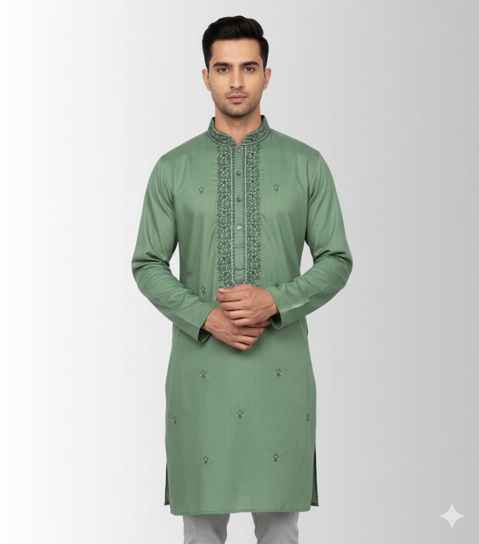 Men’s embroidered pista green kurta fabric with free pajama material, suitable for traditional and ethnic wear.