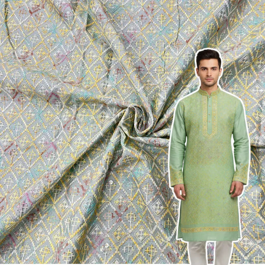 Pista rayon viscose digital print kurta fabric with embroidery and sequin work for festive menswear