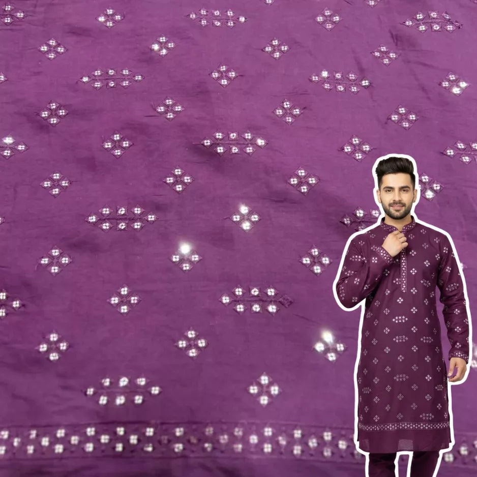 Purple Roman Silk Fabric with Mirror Work for Men’s Kurta Design.