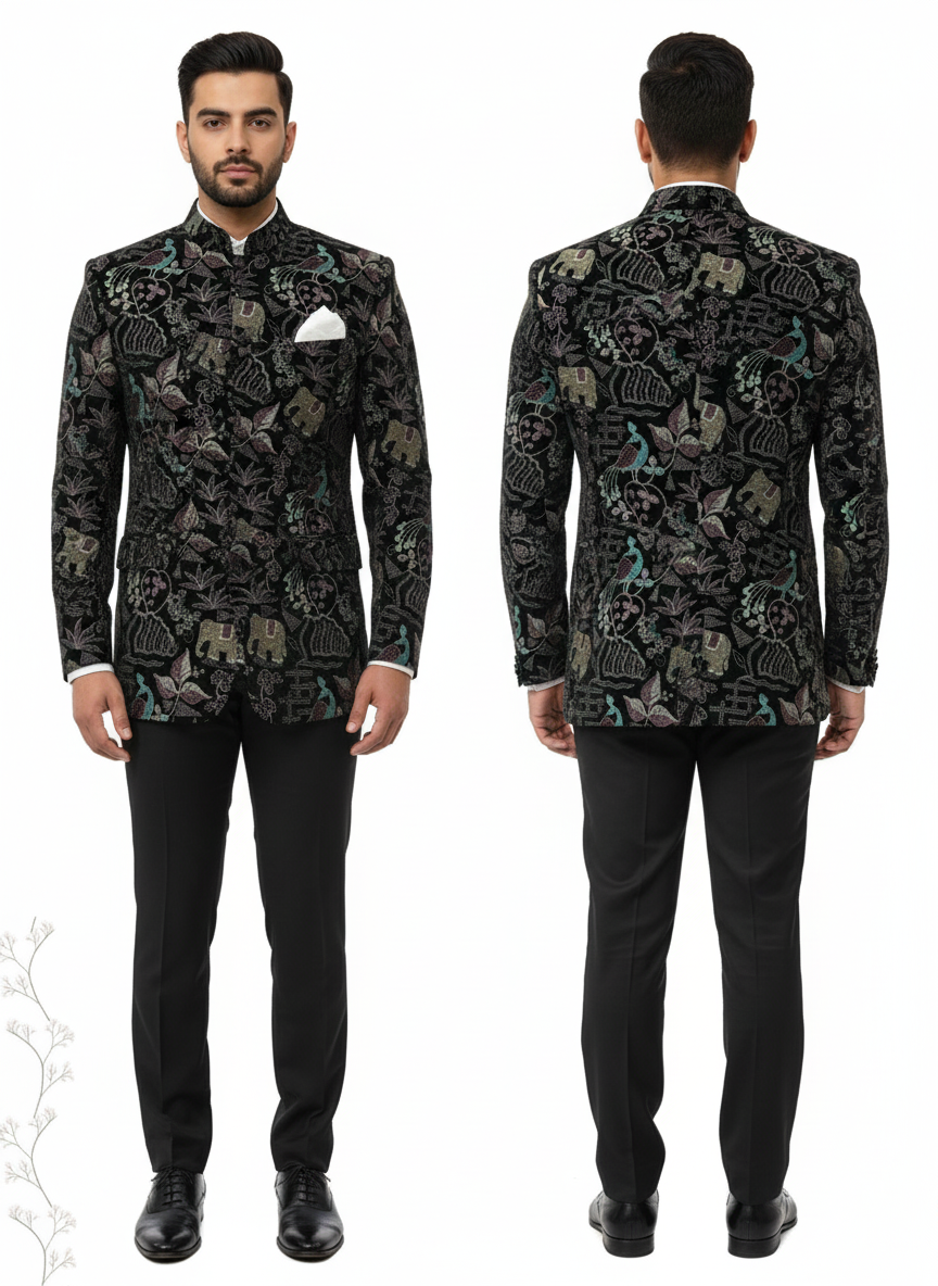 Heavy embroidered velvet fabric with cultural Indian motifs, perfect for men’s ethnic jackets, Indo-Western wear, and bridal couture.