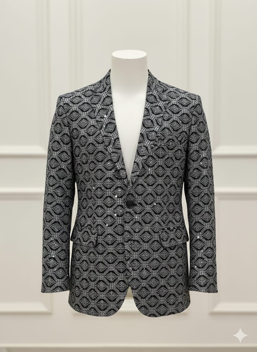 Premium velvet fabric in grey color featuring silver thread embroidery and subtle sequin highlights.