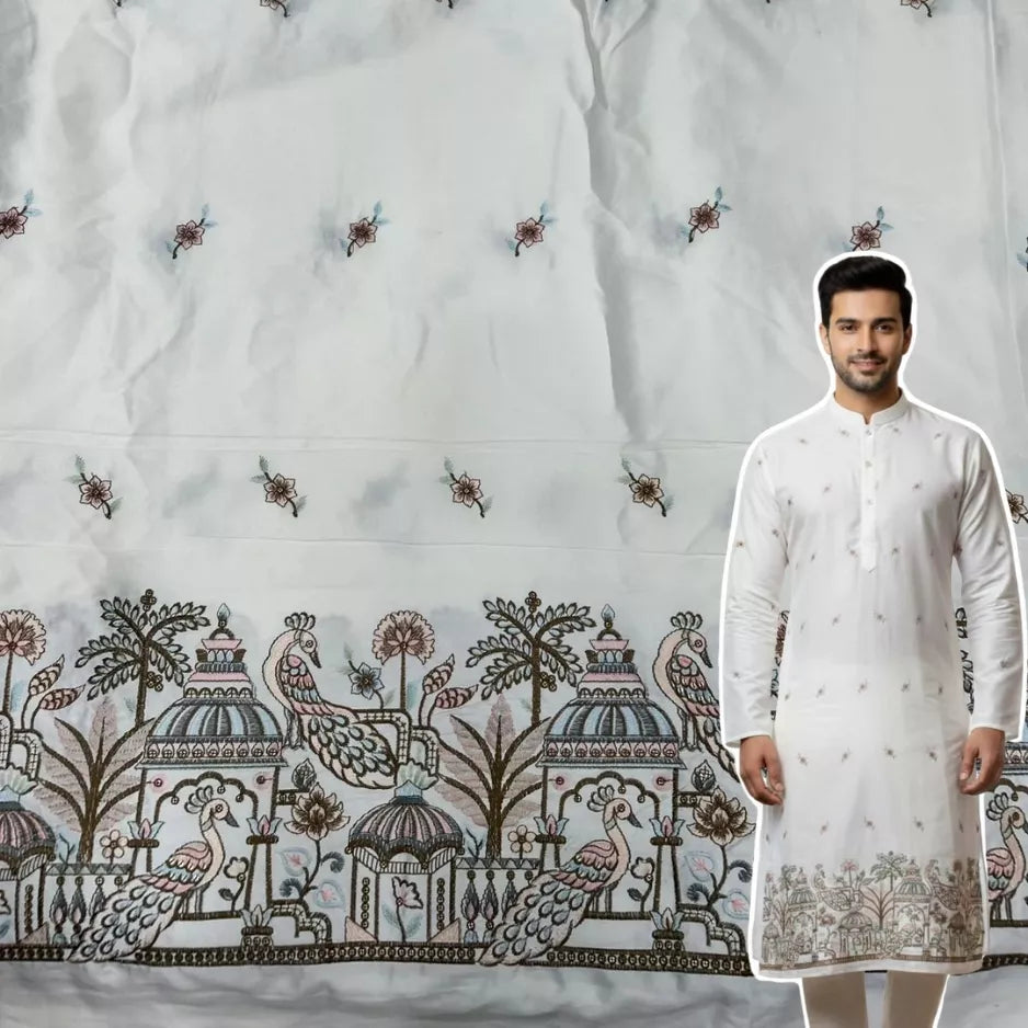 Premium ivory malai satin kurta fabric for men featuring elegant peacock embroidery designed for wedding haldi and festive wear