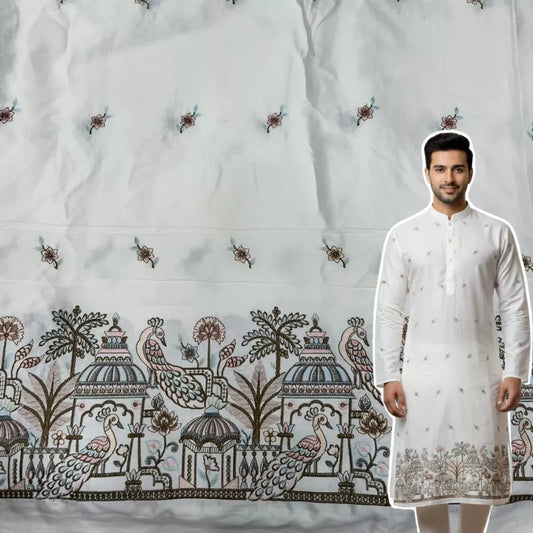 Premium ivory malai satin kurta fabric for men featuring elegant peacock embroidery designed for wedding haldi and festive wear