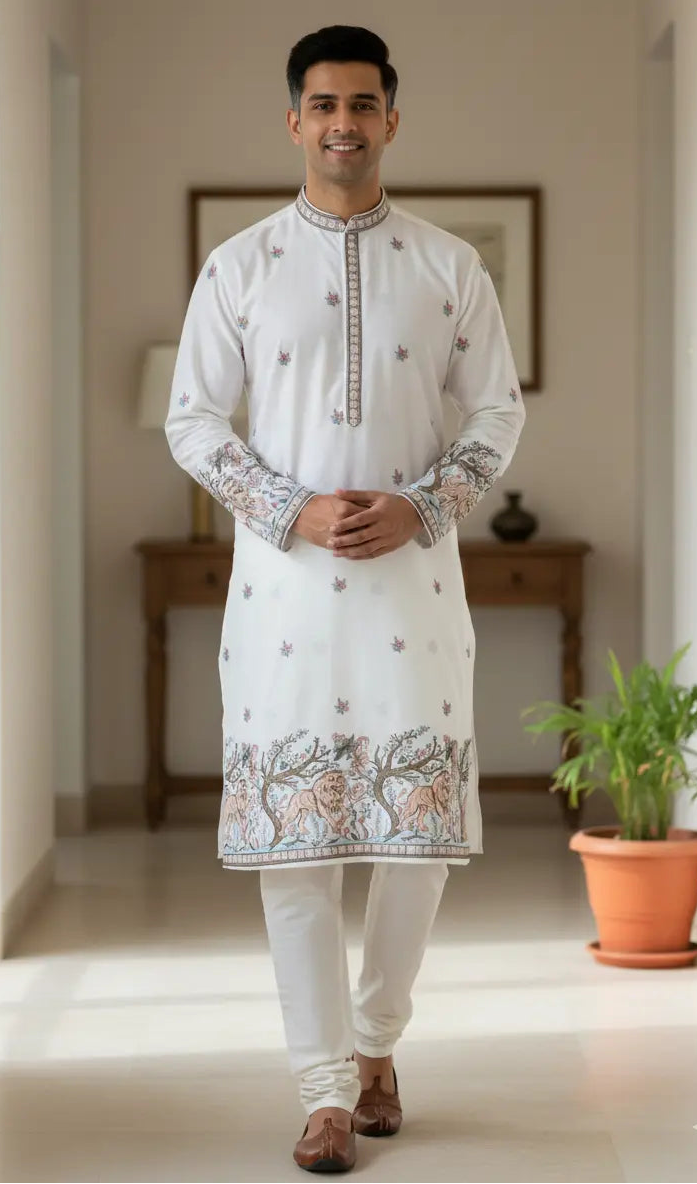 Premium men’s kurta fabric in malai satin with detailed lion border embroidery and refined ivory motifs