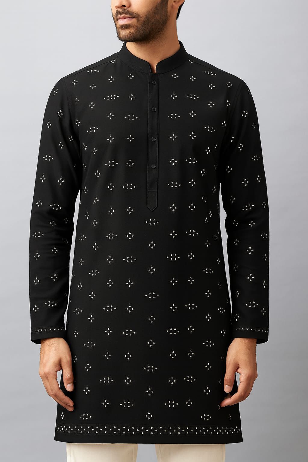 Designer Roman Silk Fabric with All-Over Mirror Work Pattern for Men’s Ethnic Kurta.