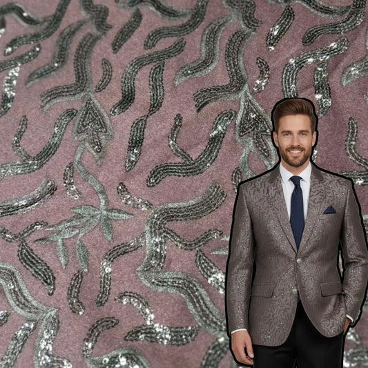 Mauve TR satin embroidered fabric with sequin work for indo western jacket and baba suit