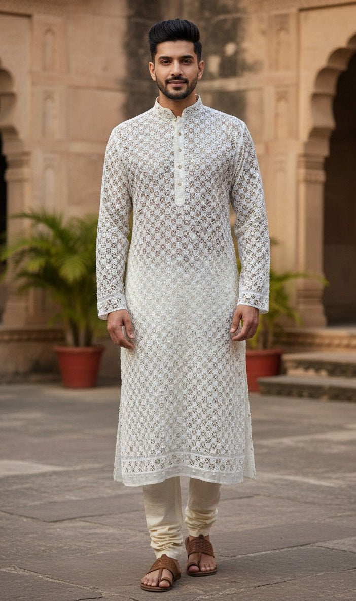 Soft Cream Cotton Fabric Featuring All-Over Sequin and Thread Work for Party and Festive Kurta.