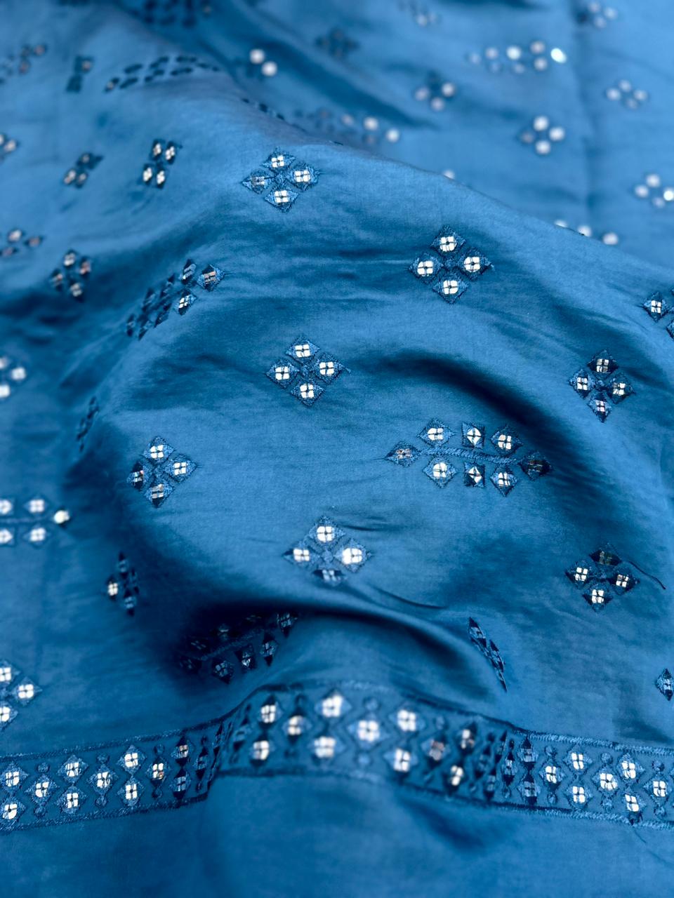 Teal Mirror Embellished Roman Silk Kurta Fabric for Tailored Ethnic Wear.