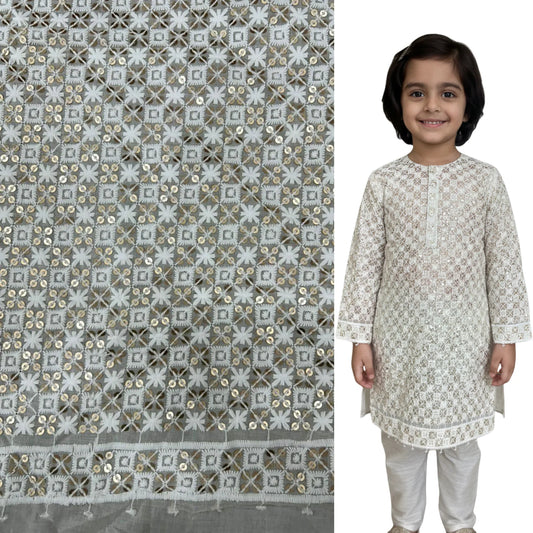 Textured fabric with geometric pattern and sequins on a gray background