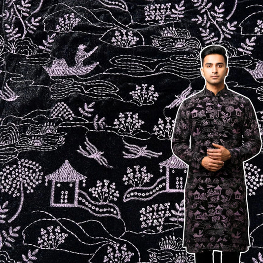 Soft velvet material in deep purple with premium thread-work village theme embroidery.