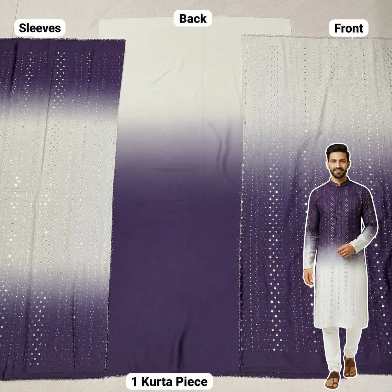 Trendy new fashion purple ombre fabric. Beautiful kurta material with sparkling details.