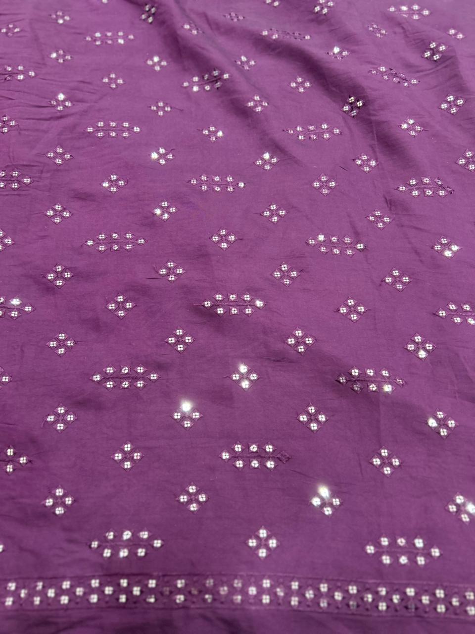 Designer Roman Silk Mirror Work Fabric in Purple for Festive Kurta Outfit.