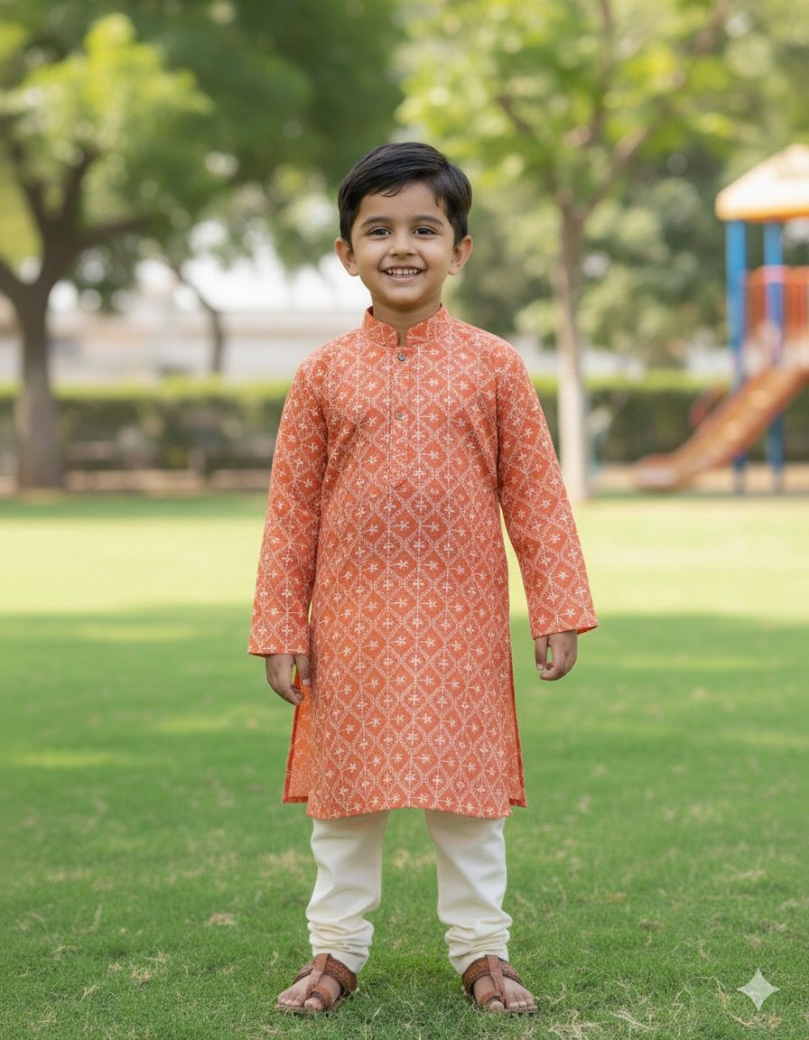 Orange embroidered kurta fabric next to a child in coordinated ethnic wear, suitable for kids festive fashion, traditional outfits, and special occasion dressing.