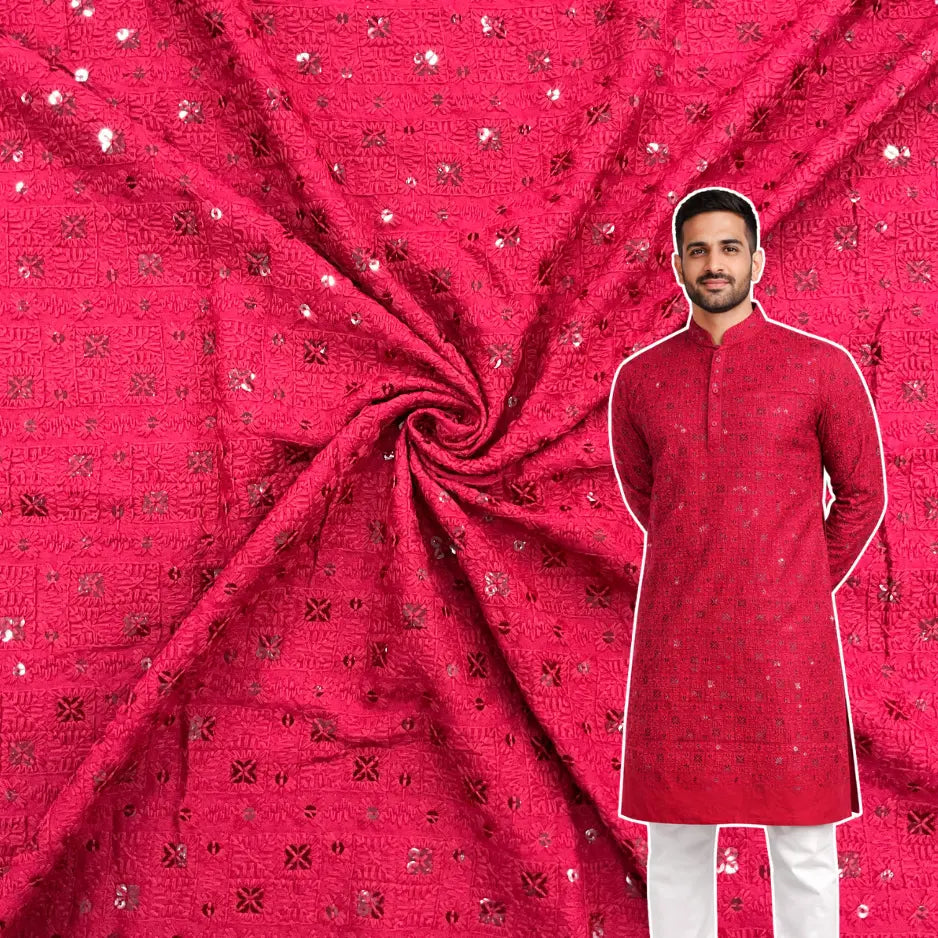 Red chess design rayon viscose embroidered kurta fabric with sequin work for festive menswear