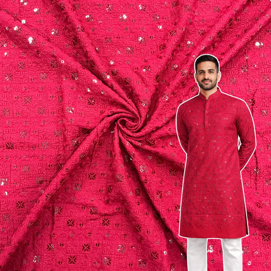 Red chess design rayon viscose embroidered kurta fabric with sequin work for festive menswear
