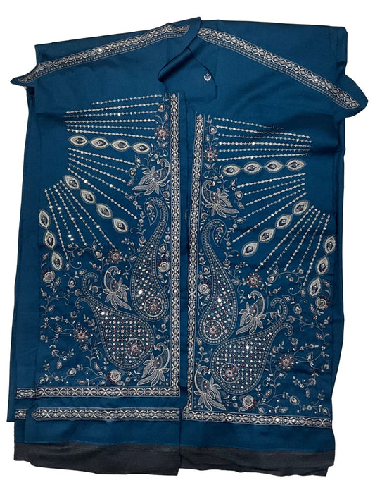 Men's ethnic kurta fabric in rich blue with heavy thread and sequin design. The pattern is split, suggesting a central open placket or jacket style.