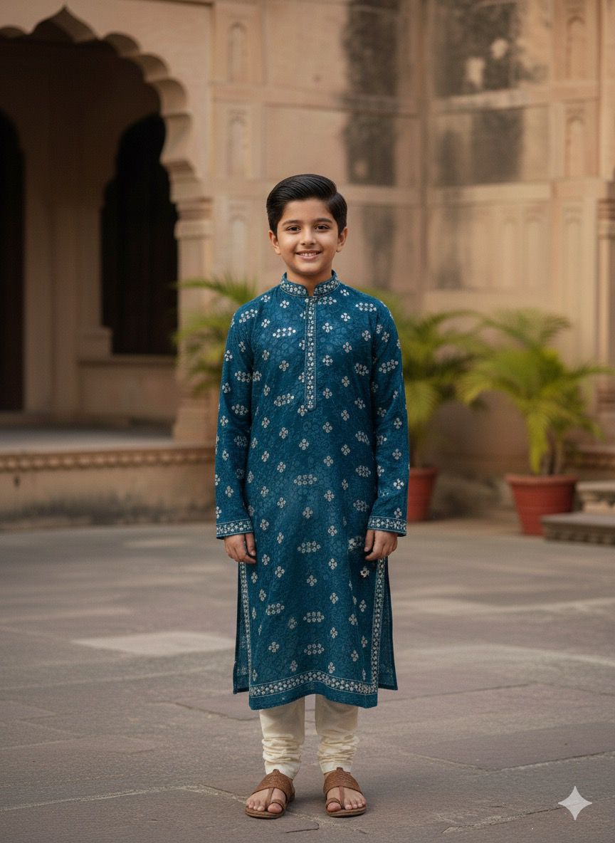 Kids Kurta Fabric in Teal Roman Silk with All-Over Mirror Embroidery Pattern.