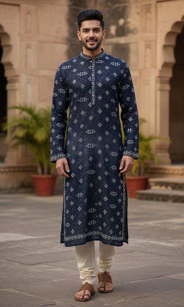 Premium Navy Blue Roman Silk Fabric with All-Over Mirror Embroidery Pattern.