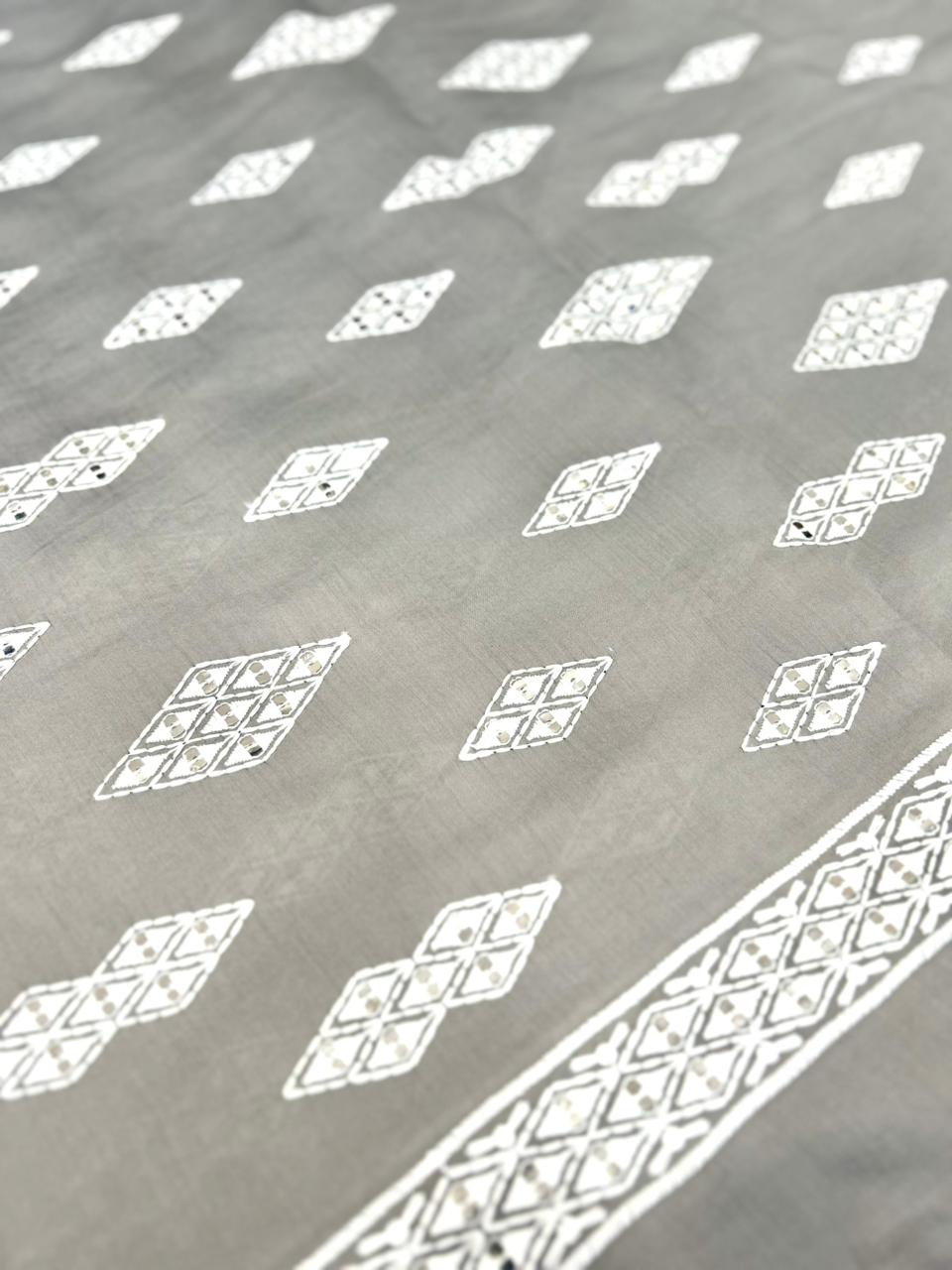 Grey men’s kurta fabric with contrast white embroidery and mirror detailing — soft 58-inch Roman silk.