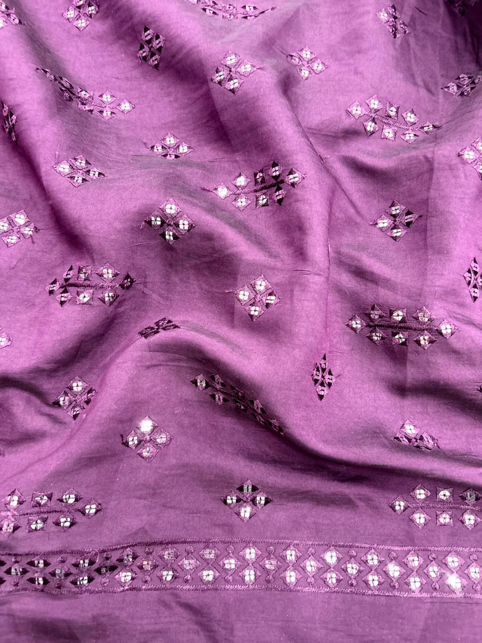 Soft plum Roman silk kids kurta fabric featuring delicate mirror embellishments