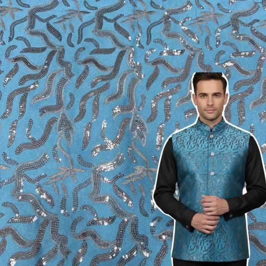 Royal blue TR satin designer fabric featuring dense sequin embroidery, suitable for baba suit, blazer and festive wear.