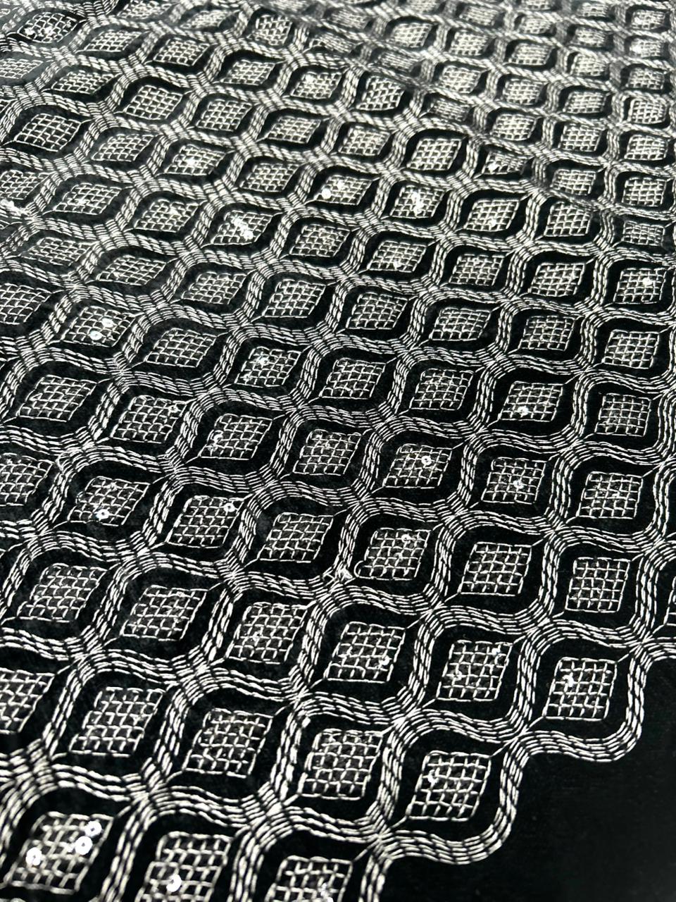 Premium grey designer velvet fabric featuring heavy thread embroidery with silver sequins in a geometric pattern.
