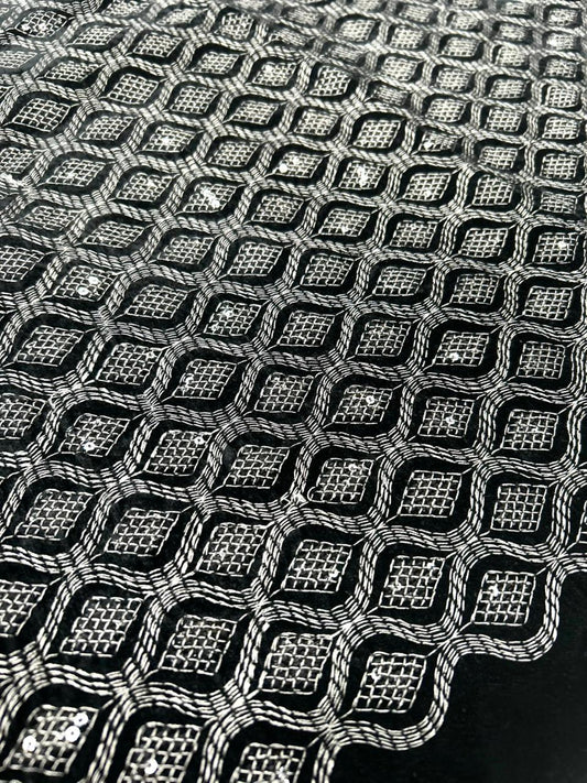 Premium grey designer velvet fabric featuring heavy thread embroidery with silver sequins in a geometric pattern.