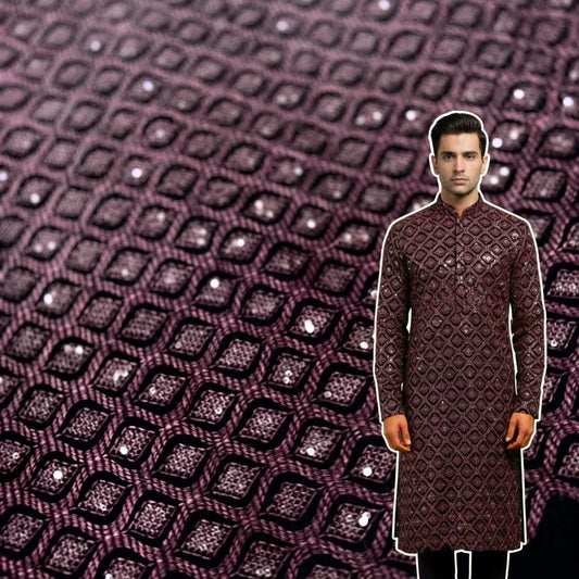 Luxury black velvet fabric with metallic rose pink wine embroidery and sequin work, heavy designer material for sherwani, waistcoat, gowns and wedding outfits.