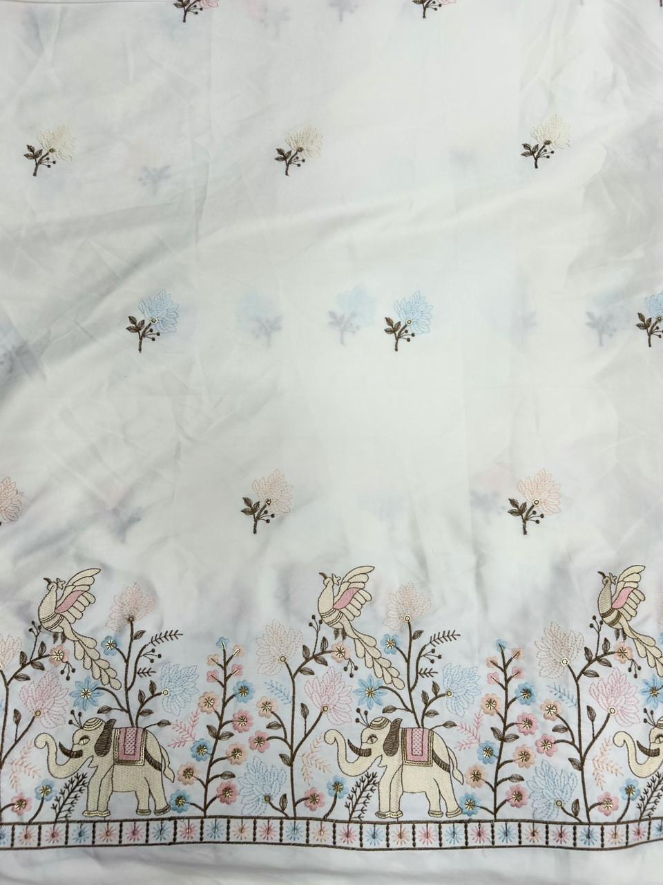 Premium ivory malai satin kurta fabric featuring royal pastel embroidery and elegant daman border work for celebrations
