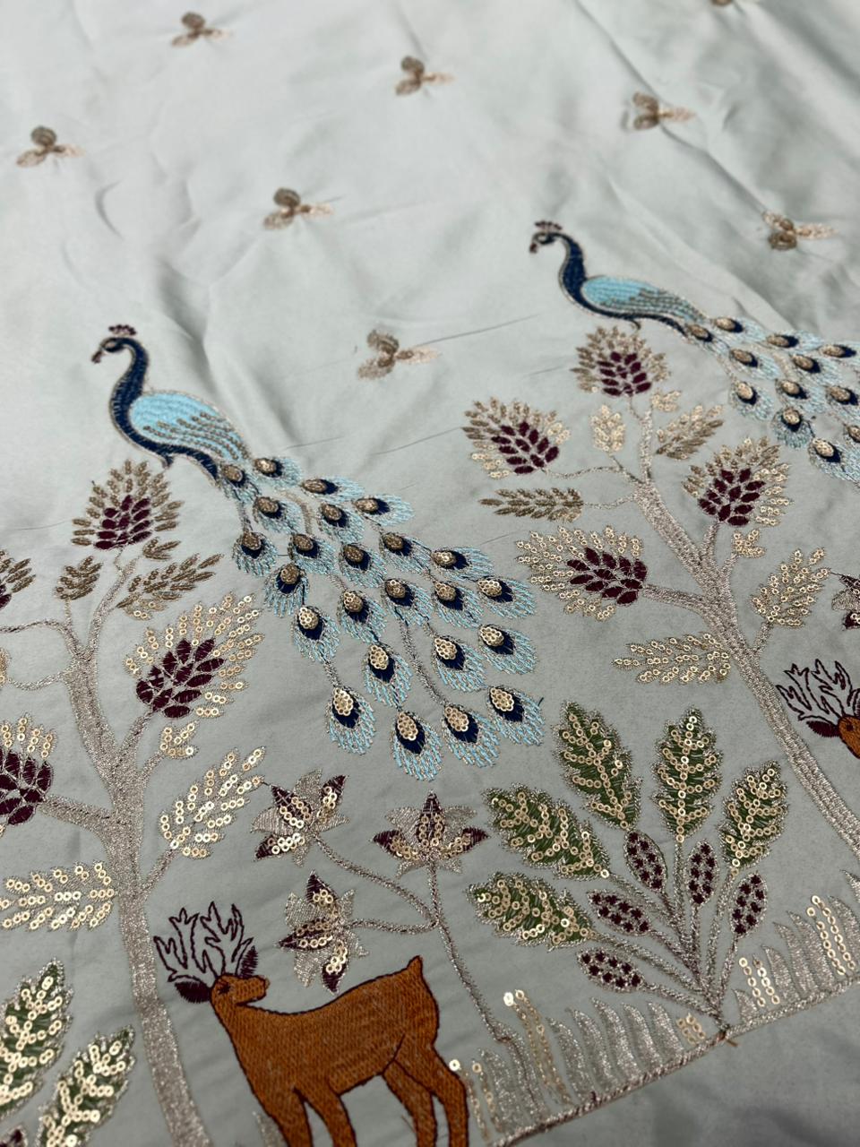 Premium pista green malai satin men’s kurta fabric with heavy peacock daman embroidery, luxury wedding and festive wear material, 55 inch width.
