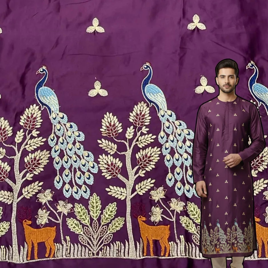 Royal plum malai satin men’s kurta fabric with heavy peacock daman embroidery, forest and deer motif, festive ethnic wear material