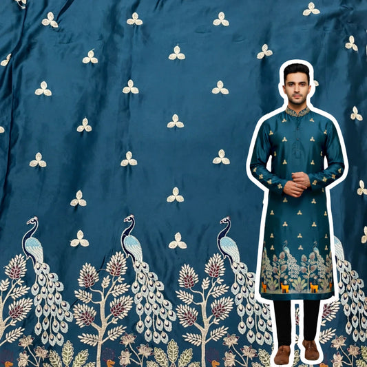 Teal blue malai satin men’s kurta fabric with heavy peacock daman embroidery, forest motifs, and premium festive ethnic design.