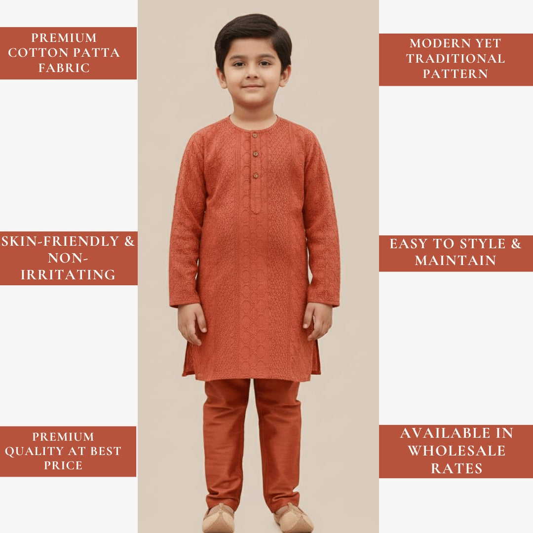 Rust cotton paataa kids kurta fabric, soft breathable festive traditional wear material