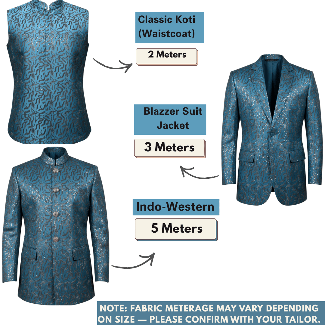 Sapphire blue TR satin fabric with shimmering sequin embroidery, premium material for Indo-western jackets and party wear.