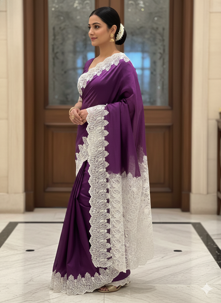 Dyeable embroidered lace material suitable for dresses, gowns, and kurti overlays.