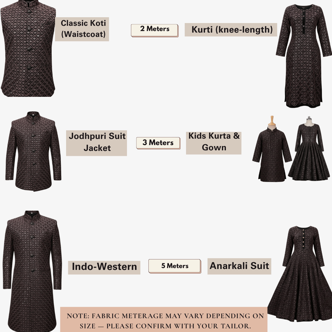 Designer black velvet fabric with rose pink metallic thread embroidery and subtle sequin highlights, perfect for sherwani, gowns, Indo-western and festive wear.