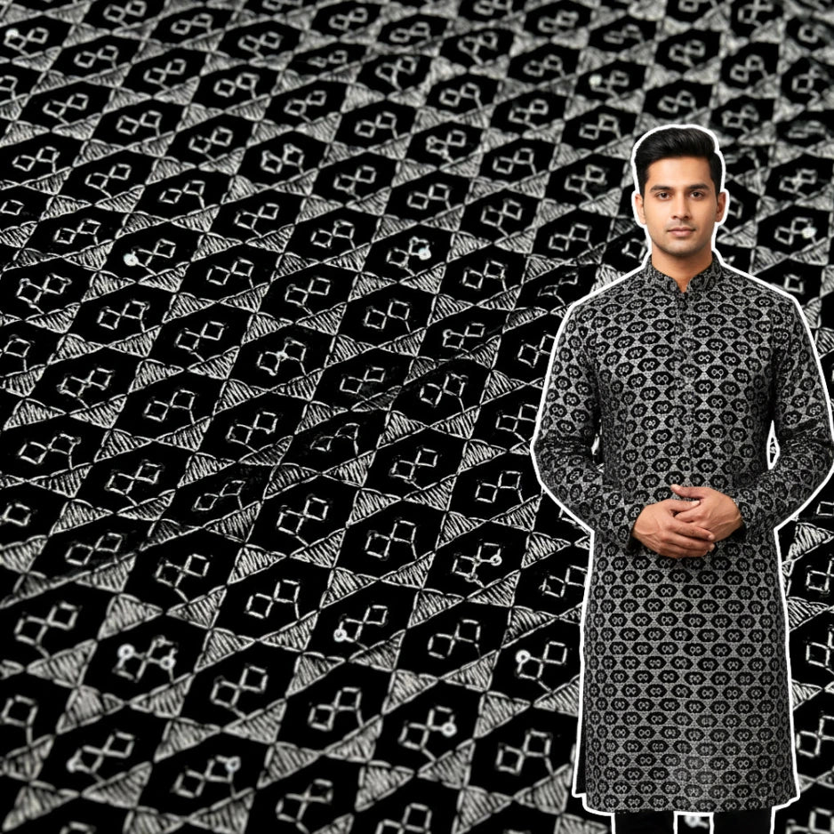 Black metallic grey premium velvet fabric with geometric woven pattern for sherwani and blazer material.