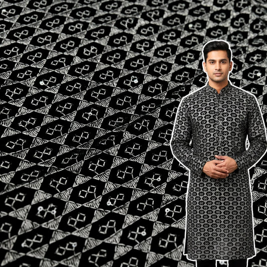 Black metallic grey premium velvet fabric with geometric woven pattern for sherwani and blazer material.