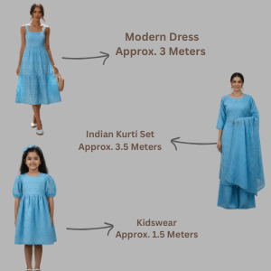 Comparison of different blue dresses with measurements on a gray background