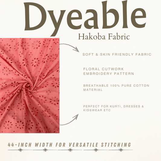 Peach hakoba cotton fabric with floral eyelet embroidery close-up.