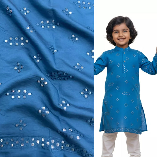 Soft Teal Roman Silk Fabric with Mirror Embroidery for Boys Kurta Outfit.