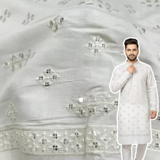 White Kurta Fabric with All-Over Mirror Work and Embroidery Pattern.