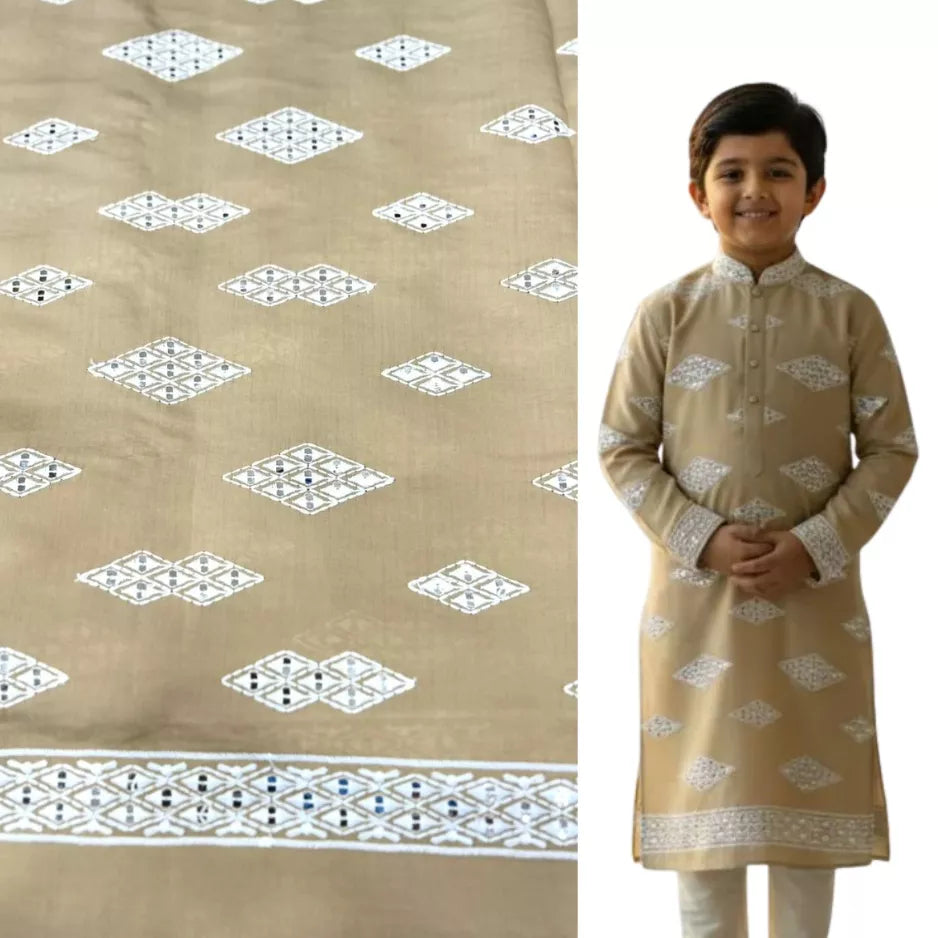 Beige kids kurta fabric with geometric white embroidery and mirror detailing — premium Roman silk 58-inch width.