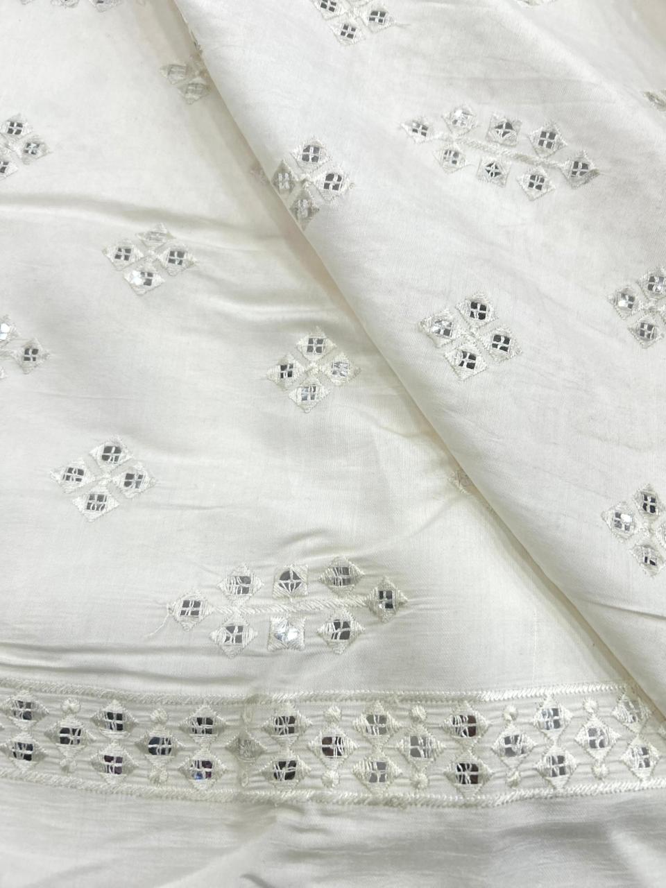Cream Mirror Embellished Roman Silk Kurta Fabric for Tailored Ethnic Wear.