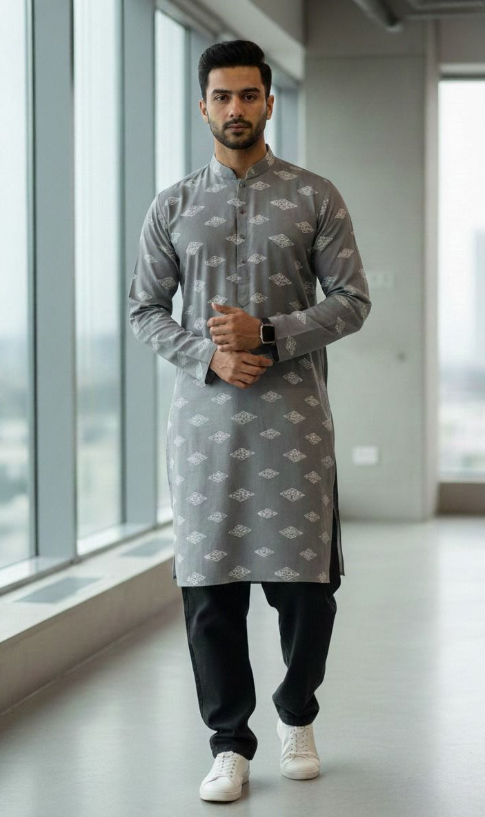 Men’s ethnic grey Roman silk fabric featuring contrast white thread embroidery and mirror work for festive and party wear outfits.