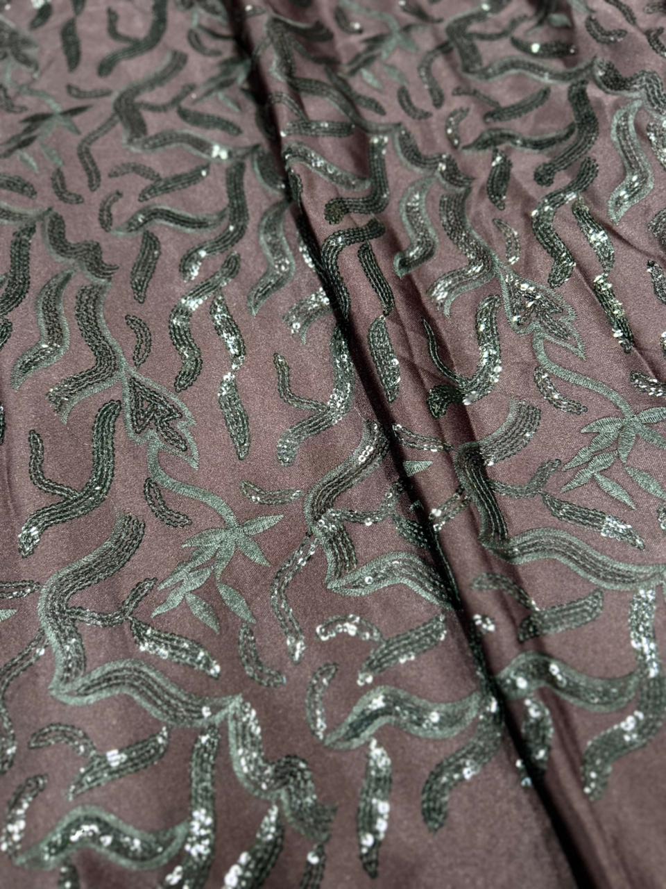 TR satin fabric dusty rose color with heavy embroidery and sequin work for blazer and koti