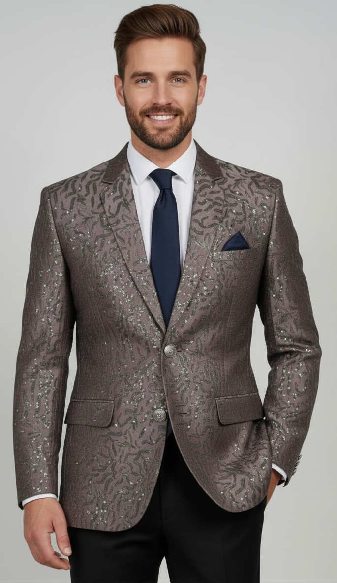 Embroidered TR satin fabric dusty rose with sequin detailing for men’s party wear jackets