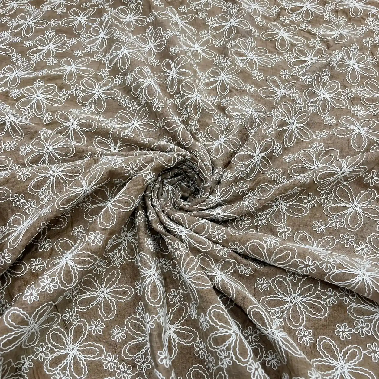Taupe Mal Chanderi fabric with white floral embroidery, premium lightweight embroidered fabric for kurti, salwar suit, dresses, dupattas, ethnic wear, festive outfits and designer apparel making.